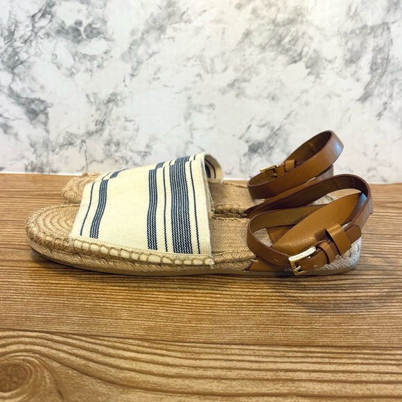 TORY BURCH Stretch-Canvas Espadrille Sandals Ankle Wrap Natural/Blue Size 7 - Picture 2 of 11